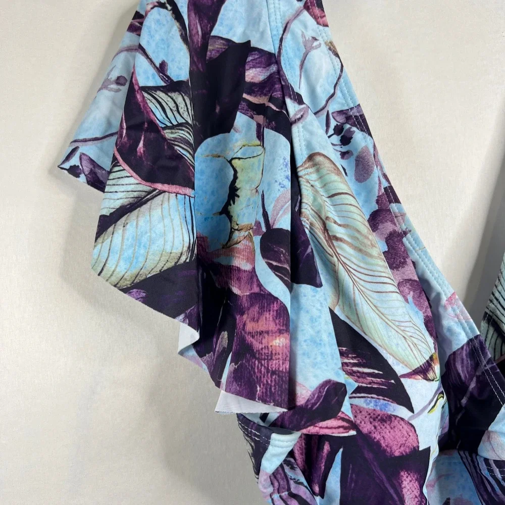 Blue Floral One Piece Swimsuit Women 3XL Tie Waist Tropical Cruise Vacation